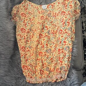 Lucky Brand Yellow Floral Short Sleeve Blouse with Coral Accents